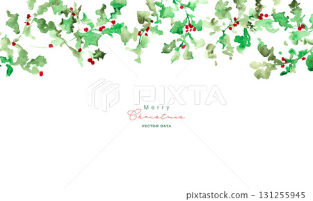 水彩畫。 12月水彩畫風格的聖誕花圈。帶有冬青樹的聖誕節向量插圖。 131255945