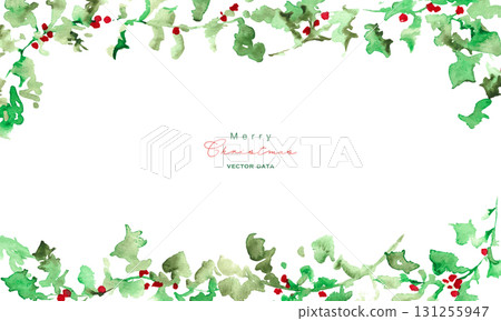 水彩畫。 12月水彩畫風格的聖誕花圈。帶有冬青樹的聖誕節向量插圖。 131255947