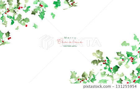 水彩畫。 12月水彩畫風格的聖誕花圈。帶有冬青樹的聖誕節向量插圖。 水彩畫。 12月水彩畫風格的聖誕花圈。帶有冬青樹的聖誕節向量插圖。 131255954