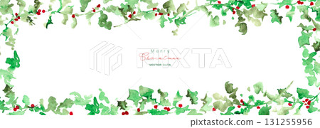 Watercolor painting. December Christmas wreath with watercolor touch. Christmas vector illustration with holly. Watercolor painting. December Christmas wreath with watercolor touch. Christmas vector illustration with holly. 131255956
