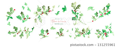 水彩畫。 12月水彩畫風格的聖誕花圈。帶有冬青樹的聖誕節向量插圖。 131255961