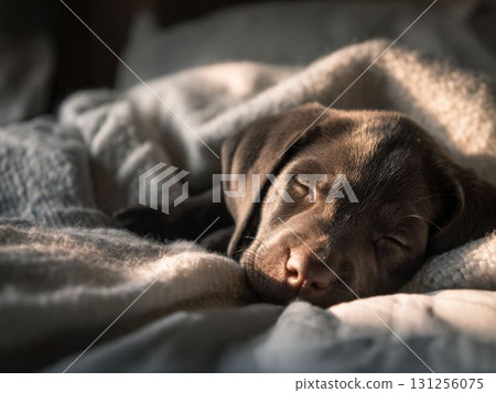 一隻裹著毯子睡覺的黑色小狗 131256075
