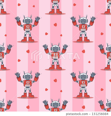 Seamless pattern Futuristic Romantic Robot on striped pink background with hearts. Virtual Technology in love Assistant. Vector illustration. Not AI 131256084