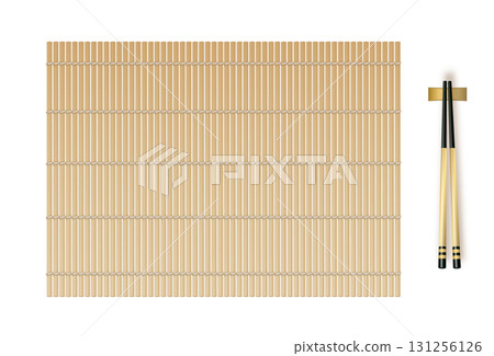 Bamboo sushi mat for table. Japanese bamboo sushi roller. Kitchen utensil for maki making. Vector Bamboo sushi mat for table. Japanese bamboo sushi roller. Kitchen utensil for maki making. Vector 131256126