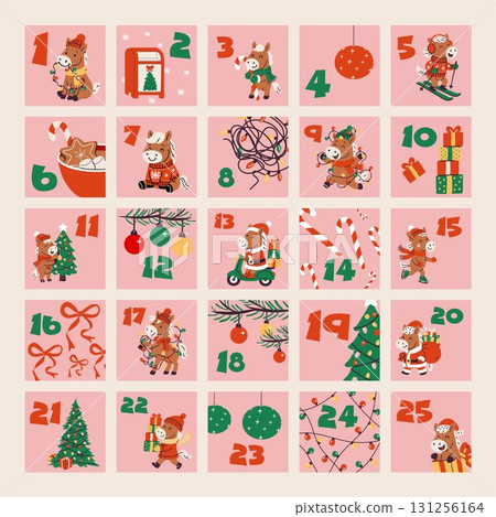 Festive Cartoon Horse Advent Calendar for Christmas Festive Cartoon Horse Advent Calendar for Christmas 131256164