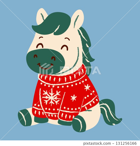 Cute Cartoon Horse Wearing Red Christmas Sweater 131256166