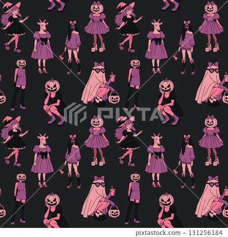 Seamless Pattern with Pastel Witch and Pumpkin Girls Halloween Art Seamless Pattern with Pastel Witch and Pumpkin Girls Halloween Art 131256184