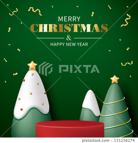 3D Christmas tree, decorations and round merchandise display platform on green background, Christmas banner advertising poster flyer material picture 131256274