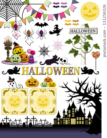 Halloween illustration decoration design "Jack-o'-lantern, ghost, spider web garland and night view" material collection Halloween illustration decoration design "Jack-o'-lantern, ghost, spider web garland and night view" material collection 131256326