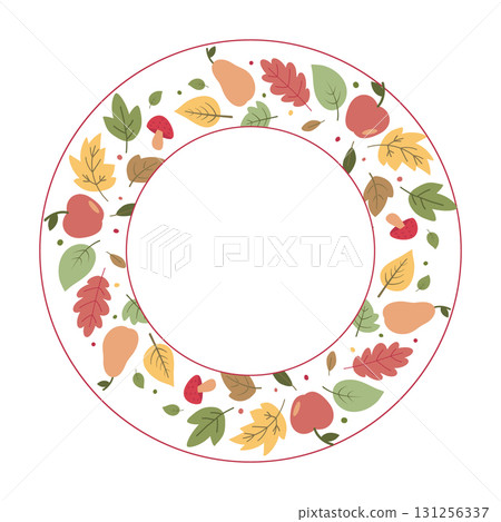 Autumn frame with colorful leaves, apples, pears and mushrooms in flat style, seasonal decorative wreath illustration Autumn frame with colorful leaves, apples, pears and mushrooms in flat style, seasonal decorative wreath illustration 131256337