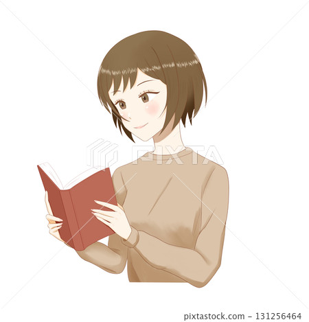 一位面帶微笑的年輕女子在透明背景上閱讀一本紅書的插圖 131256464