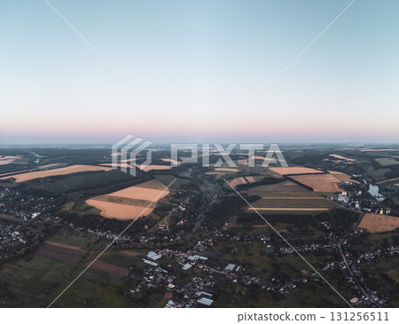 Aerial Evening Countryside Villages and Fields 131256511