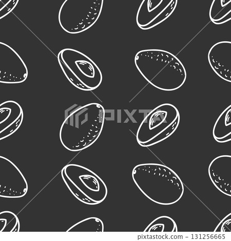 Avocado seamless graphic pattern in minimalistic style. Hand drawn white line drawing of whole Fruit and Cut Slices isolated on a black background. For product packaging, menu and fabric prints. Avocado seamless graphic pattern in minimalistic style. Hand drawn white line drawing of whole Fruit and Cut Slices isolated on a black background. For product packaging, menu and fabric prints. 131256665