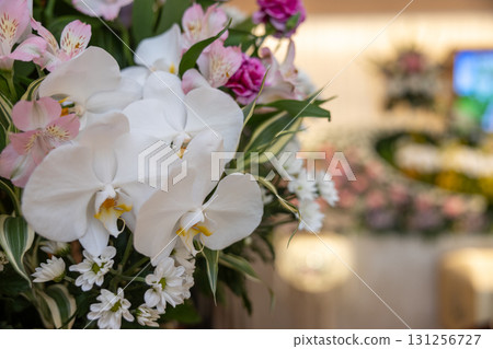 Flowers displayed at the funeral home 131256727