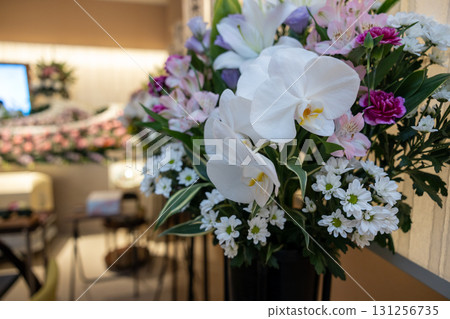 Flowers displayed at the funeral home 131256735