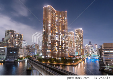 Tokyo: Night view of tower apartments in Shibaura Bay Area, Minato Ward 131256813