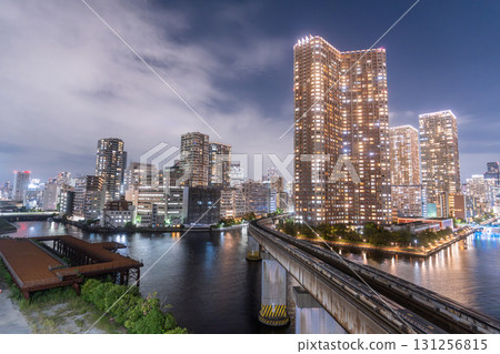 Tokyo: Night view of tower apartments in Shibaura Bay Area, Minato Ward Tokyo: Night view of tower apartments in Shibaura Bay Area, Minato Ward 131256815