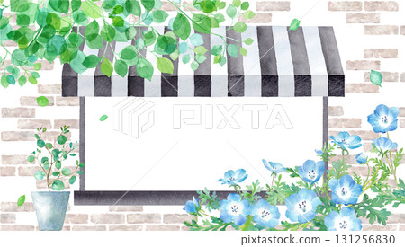 A watercolor illustration of fresh green leaves and nemophila against a brick wall and shop window. A natural spring frame design 131256830