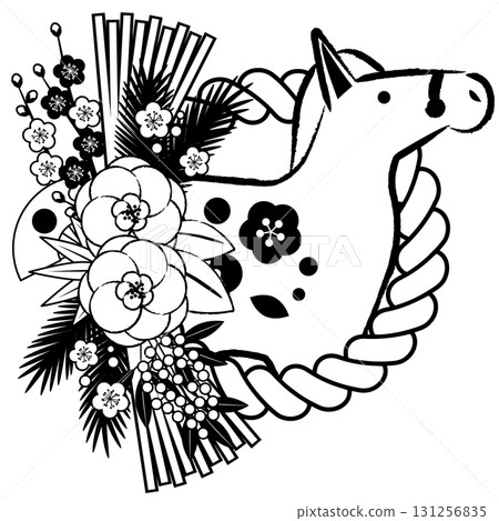 Year of the Horse New Year Icon 06, Shimekazari, Monochrome Horse, Illustration, Cute 131256835