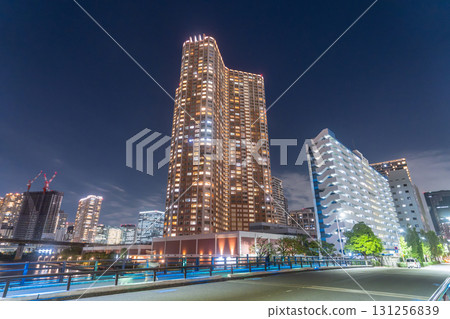 Tokyo: Night view of tower apartments in Shibaura Bay Area, Minato Ward 131256839