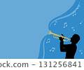 Vector illustration of a silhouette of a person playing a trumpet and a horizontal frame of musical notes 131256841