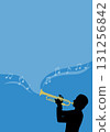 Vector illustration of a vertical frame with a silhouette of a person playing a trumpet and musical notes 131256842