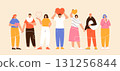 Group of people holding hearts in their hands. Concept of volunteerism, care, love, and support. Vector illustration 131256844