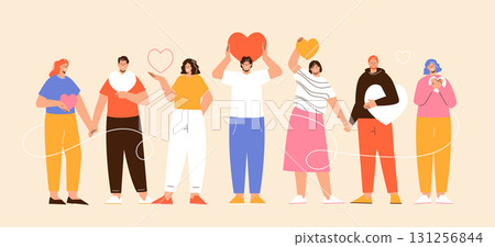Group of people holding hearts in their hands. Concept of volunteerism, care, love, and support. Vector illustration Group of people holding hearts in their hands. Concept of volunteerism, care, love, and support. Vector illustration 131256844