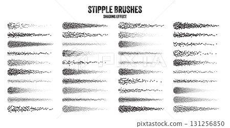 Ink scatter brush, stipple drawing and texturing. Fading gradient. Stippling, dotwork drawing, shading using dots. Halftone disintegration effect. White noise grainy texture. Vector illustration 131256850