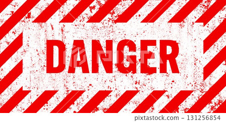 Warning sign with red and white diagonal lines. Attention, danger or caution symbol. Construction site signage, road safety notice, hazard banner, security alert shield. Vector illustration 131256854