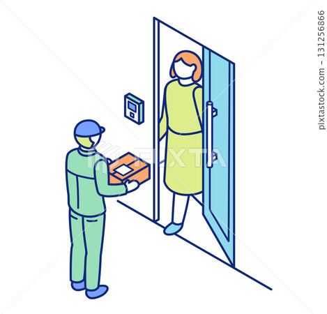 Isometric illustration of a woman receiving a package from a delivery man at her front door 131256866