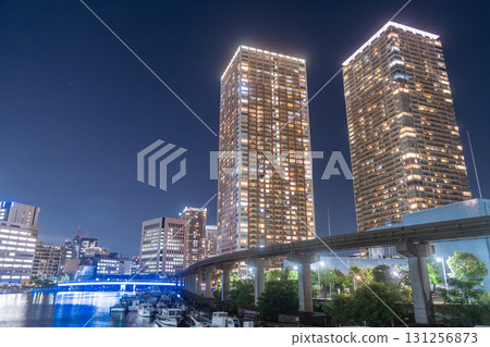 Tokyo: Night view of tower apartments in Shibaura Bay Area, Minato Ward 131256873