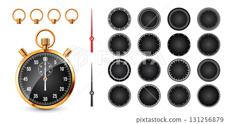 Realistic classic stopwatch. Shiny golden metal chronometer, time counter with dial. Countdown timer showing minutes and seconds. Time measurement for sport, start, finish. Vector illustration 131256879