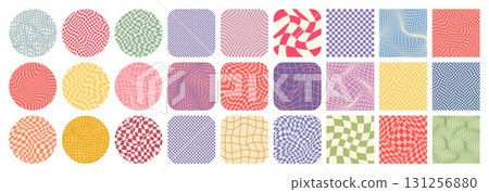 Groovy checkered pattern, colorful tiled grid. Vintage wavy curved backdrop, distortion effect. Funky geometric chessboard texture, retro background in 90s style, y2k. Vector illustration Groovy checkered pattern, colorful tiled grid. Vintage wavy curved backdrop, distortion effect. Funky geometric chessboard texture, retro background in 90s style, y2k. Vector illustration 131256880