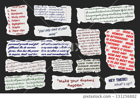 Ripped paper strips with handwritten text. Realistic crumpled paper scraps with torn edges. Shreds of notebook, book or old newspaper pages. Trendy collage elements. Vector illustration Ripped paper strips with handwritten text. Realistic crumpled paper scraps with torn edges. Shreds of notebook, book or old newspaper pages. Trendy collage elements. Vector illustration 131256882