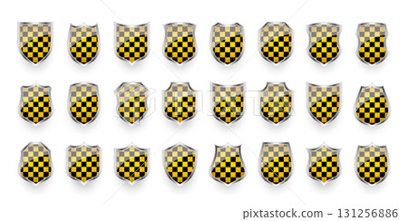 Glossy shields with yellow and black pattern. Security and protection concept. Cyber safety icons, internet privacy, web defense, digital data protection and antivirus themes. Vector illustration Glossy shields with yellow and black pattern. Security and protection concept. Cyber safety icons, internet privacy, web defense, digital data protection and antivirus themes. Vector illustration 131256886