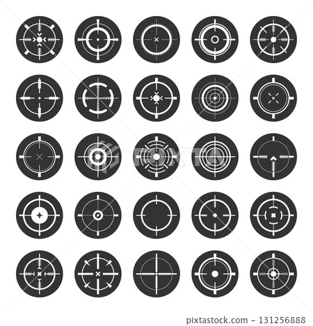 Round sniper rifle sights, weapon optical scope crosshair. Hunting gun viewfinder. Shooting mark symbol, aim. Military target sign. Game interface UI element. Vector illustration 131256888