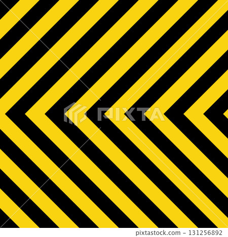 Warning sign with yellow and black diagonal lines. Attention, danger or caution symbol. Construction site signage, road safety notice, hazard banner, security alert shield. Vector illustration 131256892