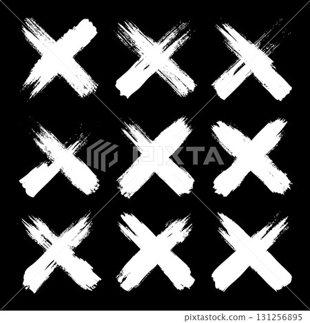 Grunge crosses, brush strokes, x mark, lines, ink smudges, hand-drawn scribble shapes. Handmade sketchy marks, acrylic stains, charcoal streaks. Paint textures, dry brush effect. Vector illustration 131256895