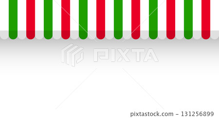 Shop sunshade. Realistic striped cafe awning. Outdoor market tent. Roof canopy in Italian flag colors. Summer street store. Vector illustration 131256899