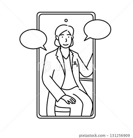 Stock Illustration: Line drawing of a doctor undergoing online medical treatment on a smartphone screen Stock Illustration: Line drawing of a doctor undergoing online medical treatment on a smartphone screen 131256909