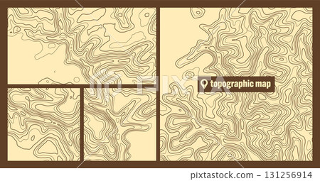 Colorful topographic map sets with contour lines. Geographic terrain grid, relief height elevation. Ground path pattern. Travel and navigation, cartography design element. Vector illustration 131256914