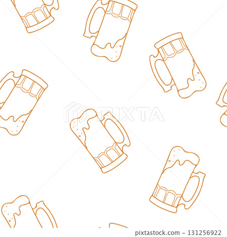 Beer Octoberfest Seamless pattern. Full beer mugs with a foam. Hand drawn brown line graphic Vector illustration in Doodle style isolated on background. For St. Patricks Day and Traditional German Beer Octoberfest Seamless pattern. Full beer mugs with a foam. Hand drawn brown line graphic Vector illustration in Doodle style isolated on background. For St. Patricks Day and Traditional German 131256922