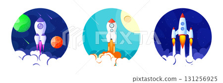 Rocket launch, space futuristic colorful background with planets and stars. Cartoon starship, spaceship in night sky. Solar system, galaxy and universe exploration. Vector illustration 131256925