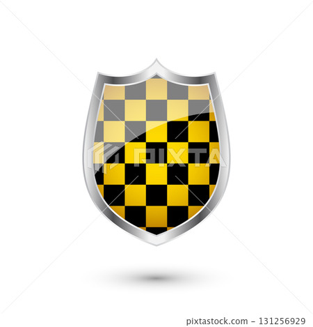 Glossy shield with yellow and black pattern. Security and protection concept. Cyber safety icons, internet privacy, web defense, digital data protection and antivirus themes. Vector illustration Glossy shield with yellow and black pattern. Security and protection concept. Cyber safety icons, internet privacy, web defense, digital data protection and antivirus themes. Vector illustration 131256929