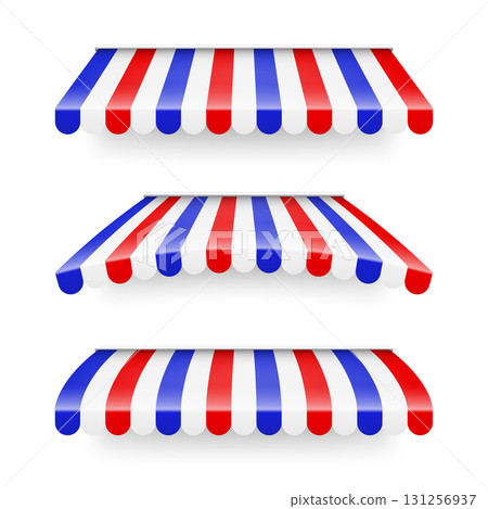 Shop sunshade. Realistic striped cafe awning. Outdoor market tent. Roof canopy in French flag colors. Summer street store. Vector illustration. Shop sunshade. Realistic striped cafe awning. Outdoor market tent. Roof canopy in French flag colors. Summer street store. Vector illustration. 131256937
