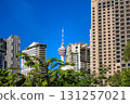 Cityscape view of Kuala Lumpur downtown on sunny day. Menara KL tower, modern high-rise buildings, clear blue sky, lush green foliage, Malaysia, capital city landscape, Southeast Asia business hub. 131257021