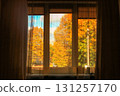 Window in sunlight autumn yard. Looking through home windows in fall street 131257170