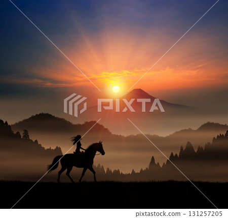 Mount Fuji and the silhouette of a horse in the morning sky Mount Fuji and the silhouette of a horse in the morning sky 131257205
