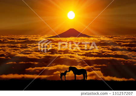 Mount Fuji and the silhouette of a horse in the morning sky 131257207